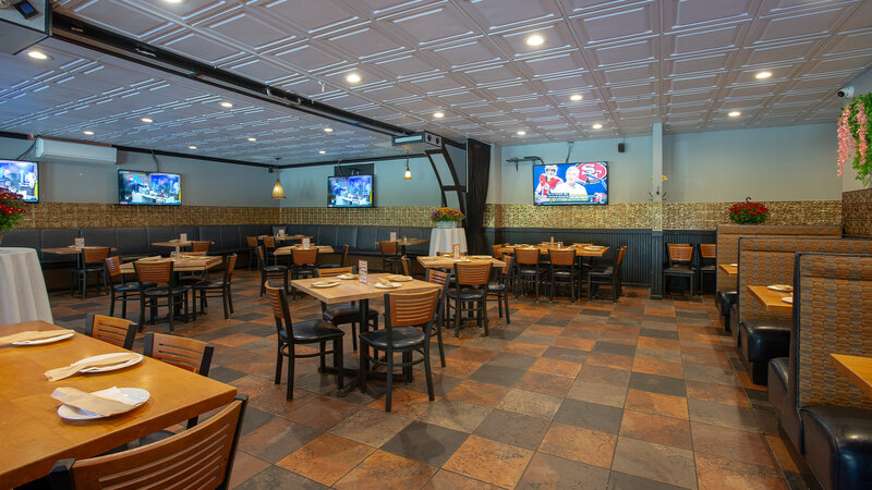 Dining room with table and booth seating