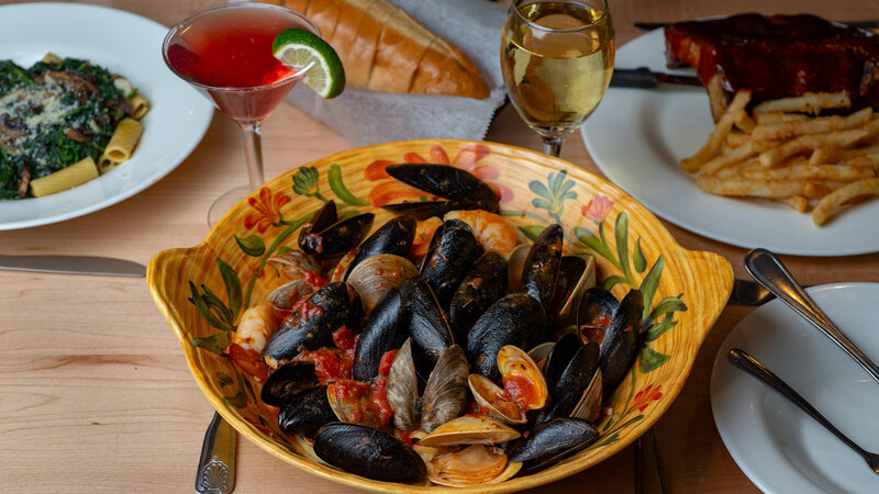 Linguini topped with shrimp, mussels and clams