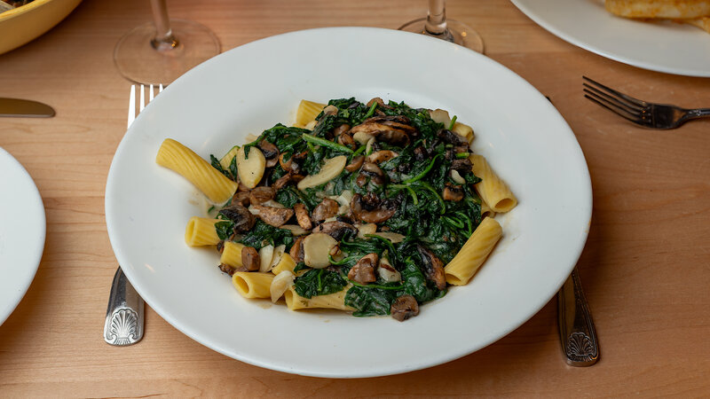 Rigatoni pasta with sausage and spinach